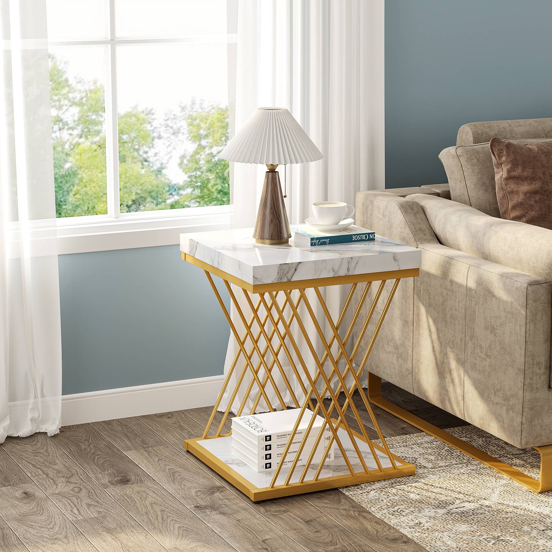 Square End Table, 2-Tier Side Table Modern Bedside Table