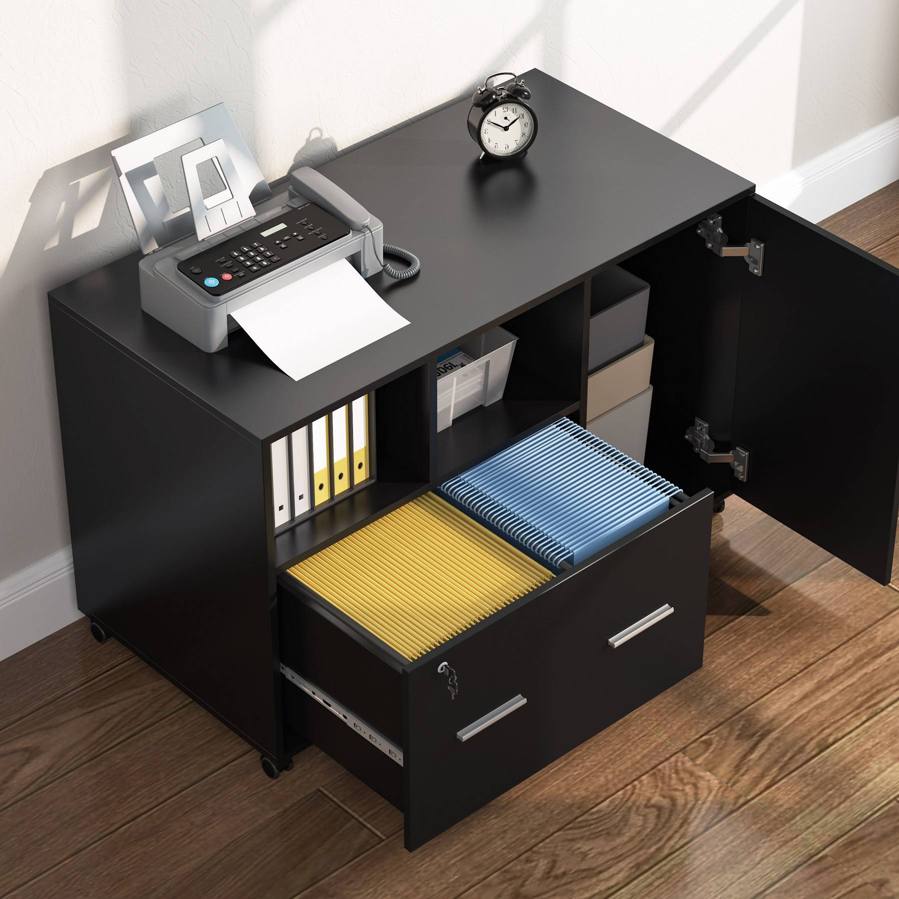 Lateral File Cabinet Printer Stand with Wheels and Shelves