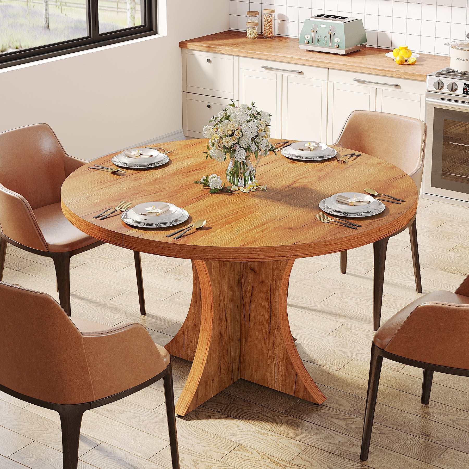 Wood Dining Table, 47.24 Inches Round Kitchen Table for 4-6