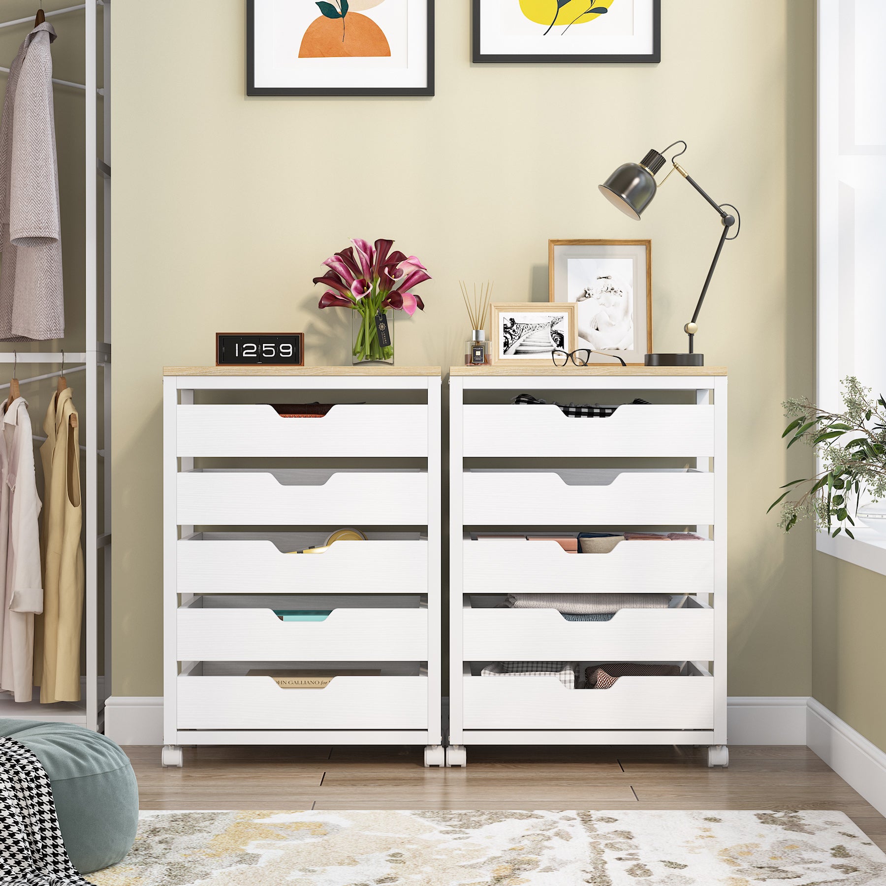 5/7 Drawer Chest, Wood Storage Dresser Cabinet with Wheels