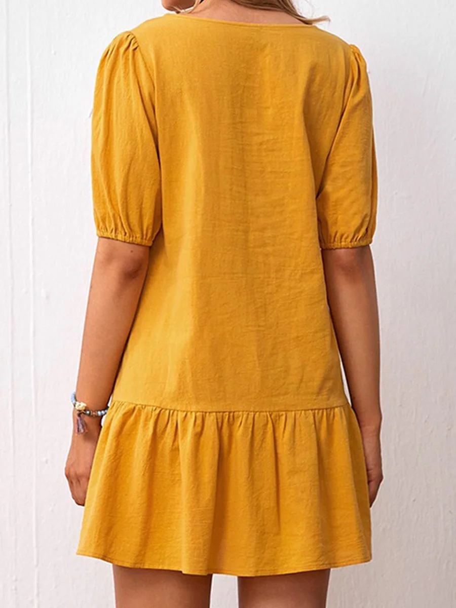 Women's Solid Color Short Sleeve Crinkled Cotton Linen Dress