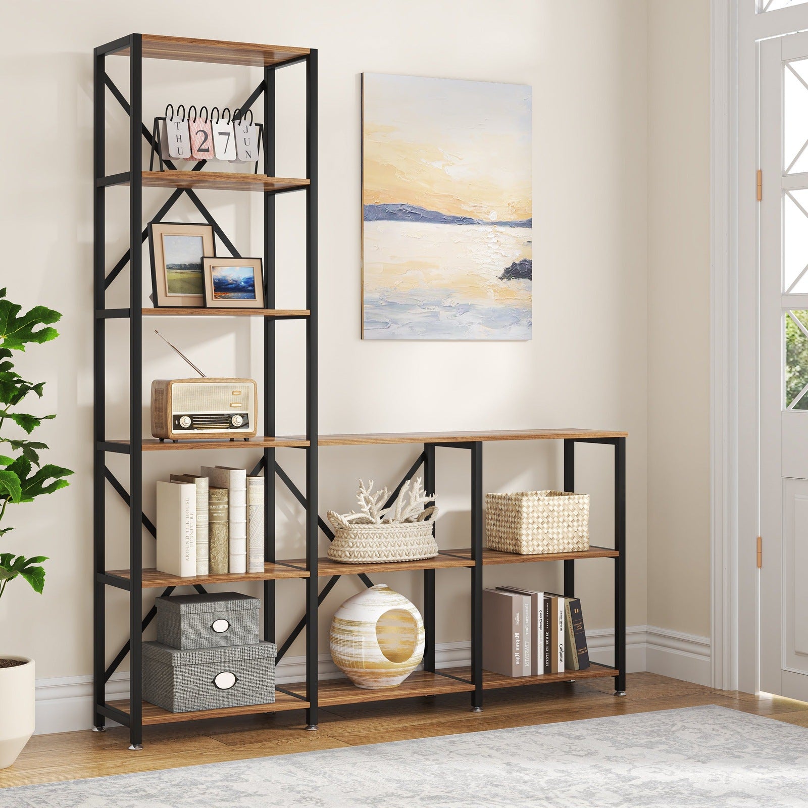 9-Shelf Bookshelf, Industrial Ladder Corner Etagere Bookcase