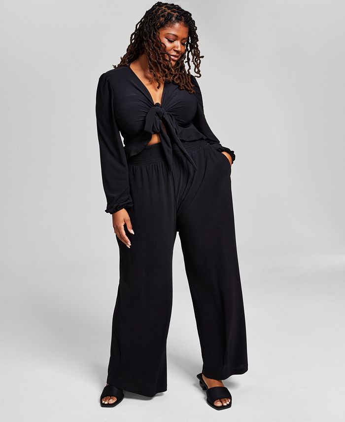 Plus Size High-Rise Knit Crepe Wide-Leg Pants， Created for Macy's
