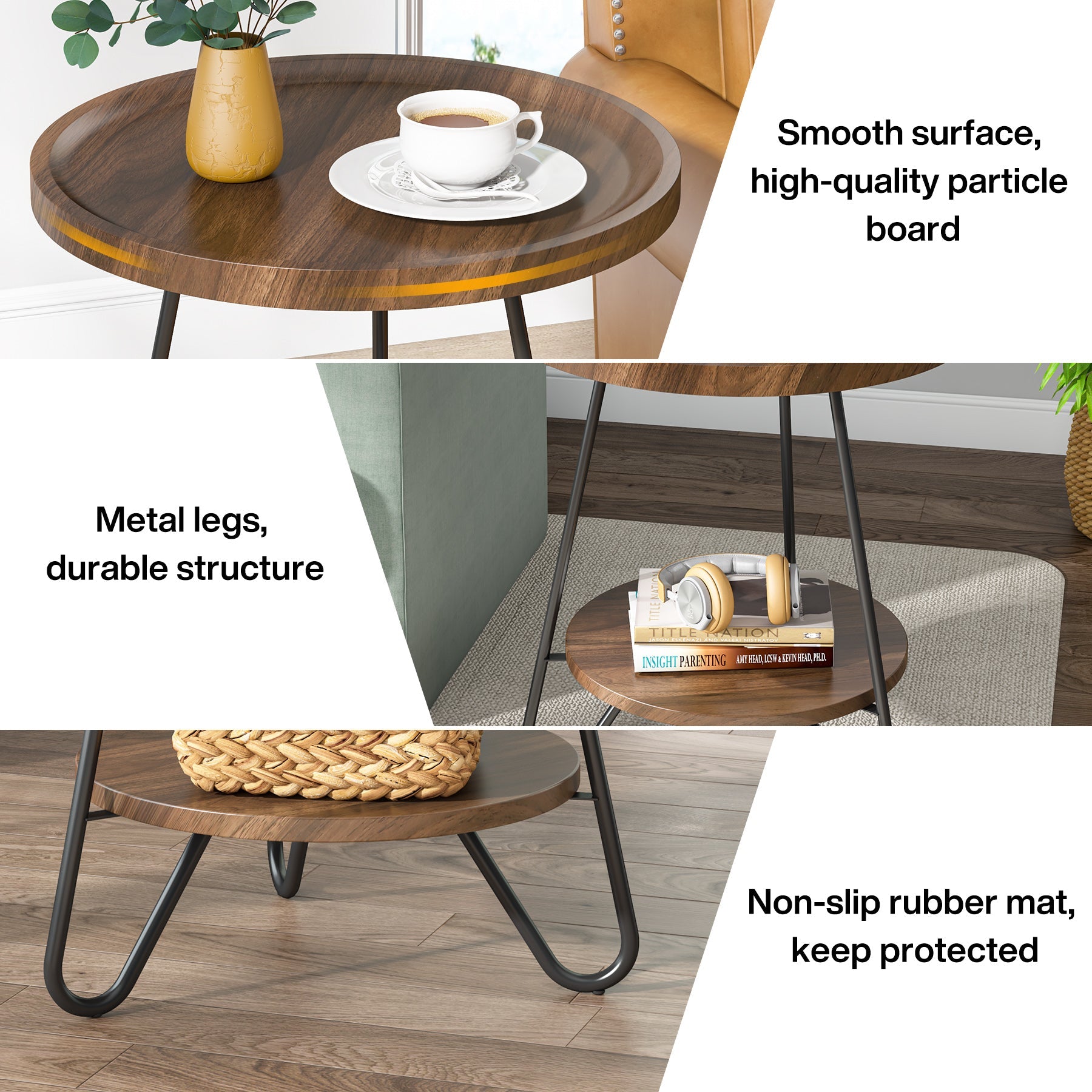 Round End Table, 2-Tier Side Table Accent Table with Metal Legs