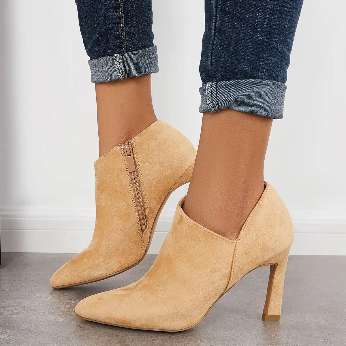 Pointed Toe V Cutout High Heel Ankle Boots Side Zip Dress Booties