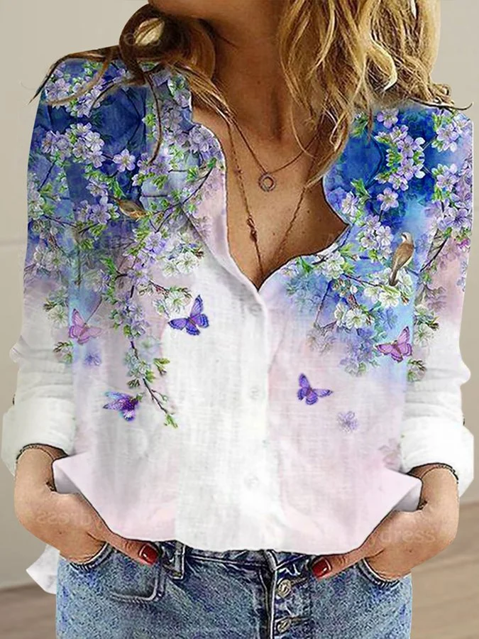 Women's Long Sleeved Lapel Printed Single Breasted Shirt