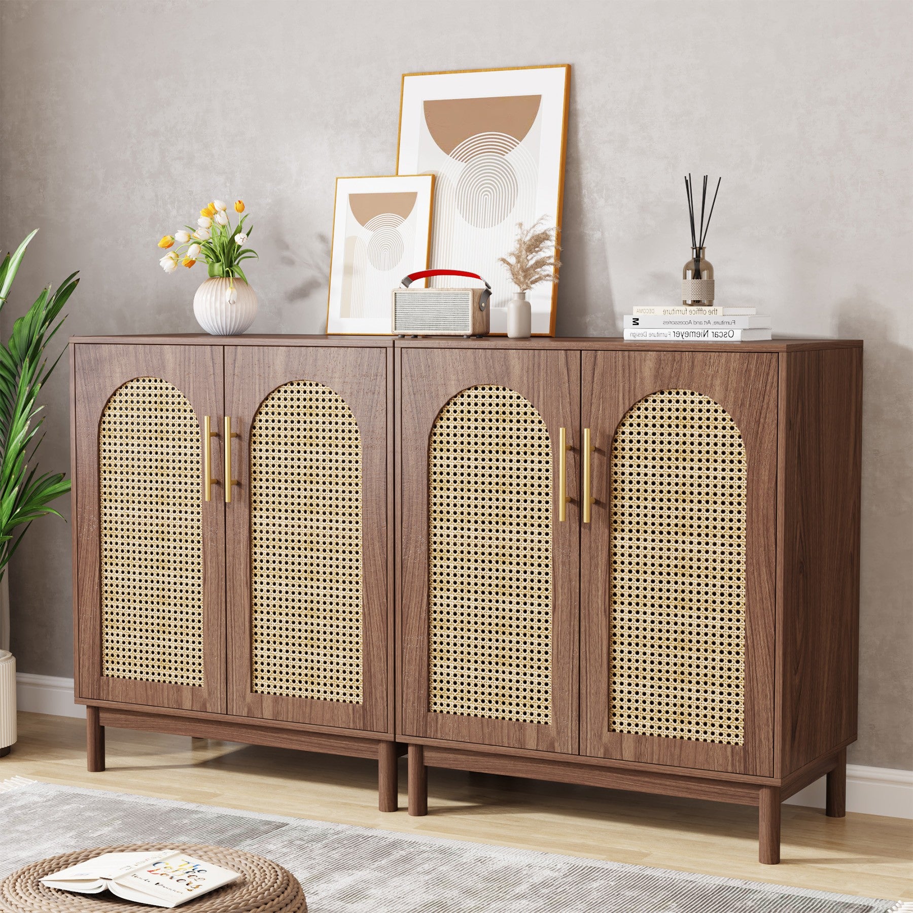 Sideboard Buffet Set of 2, Accent Rattan Storage Cabinet with Doors