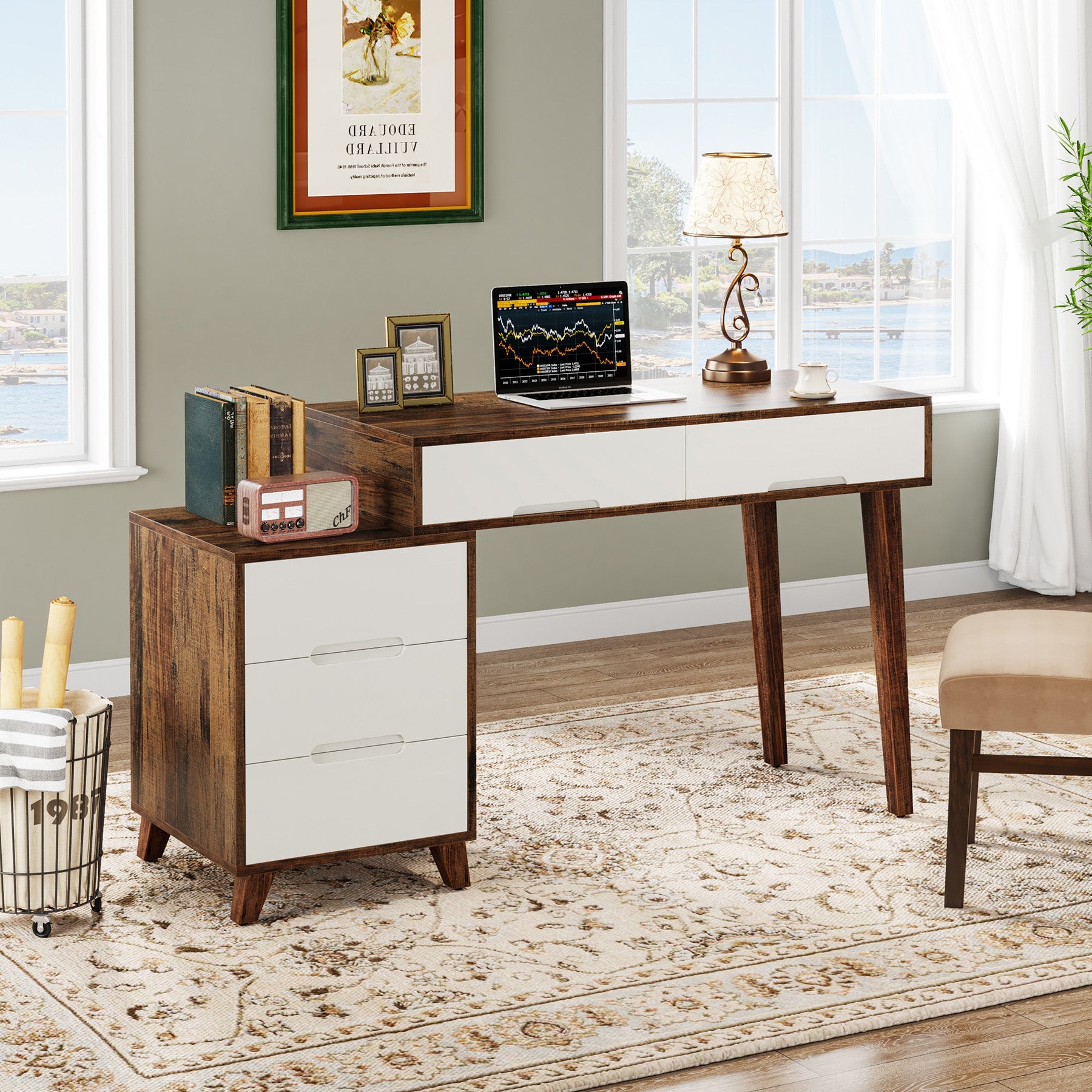 Reversible Computer Desk Writing Table with 5 Drawers