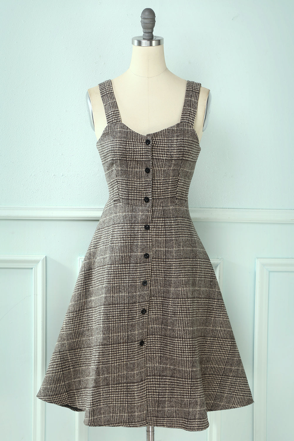 Straps Plaid Vintage Dress with Buttons