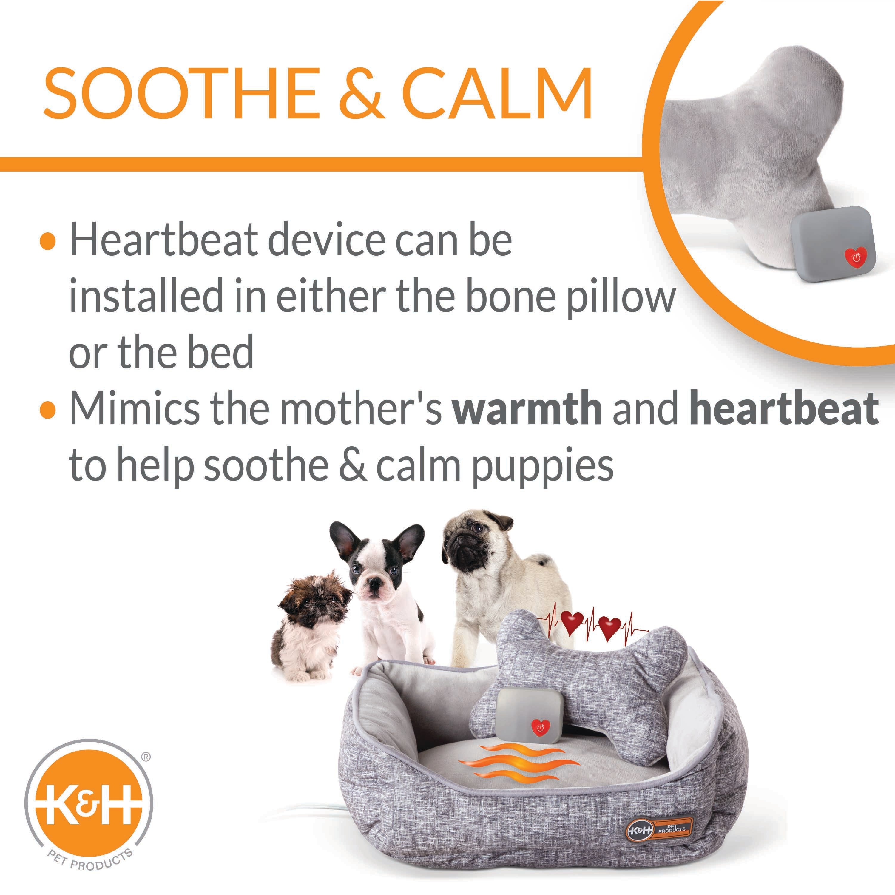 KandH Pet Products Mother’s Heartbeat Heated Puppy Bed Heated Bed + Bone Pillow Gray Small Breed Heartbeat 11 X 13 Inches