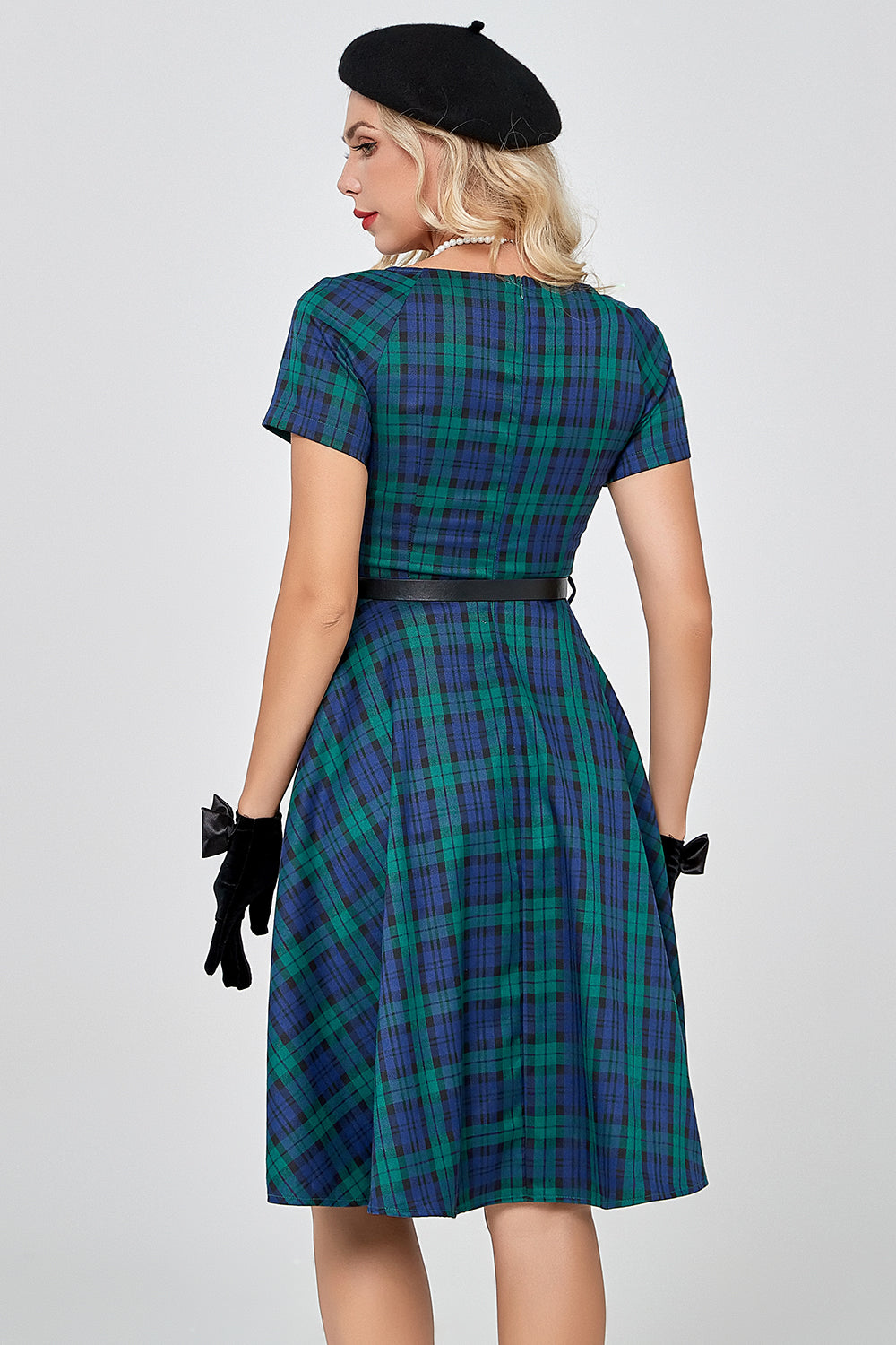 Dark Green Short Sleeves 1950s Plaid Dress