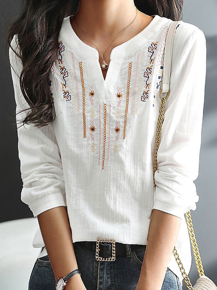 V-neck Casual Loose Embroidered Long Sleeve Blouse