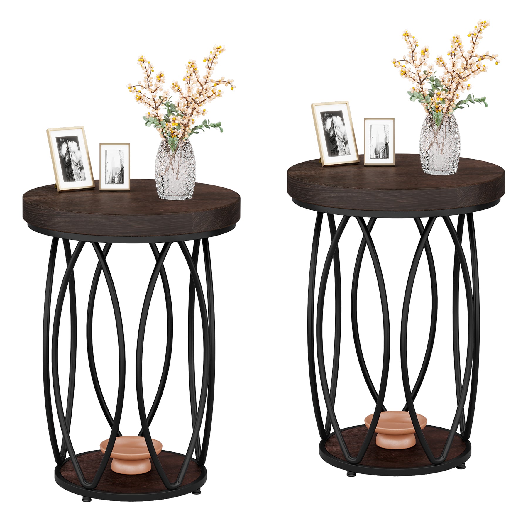 Round End Table, Industrial Accent Side Table with Storage Shelf