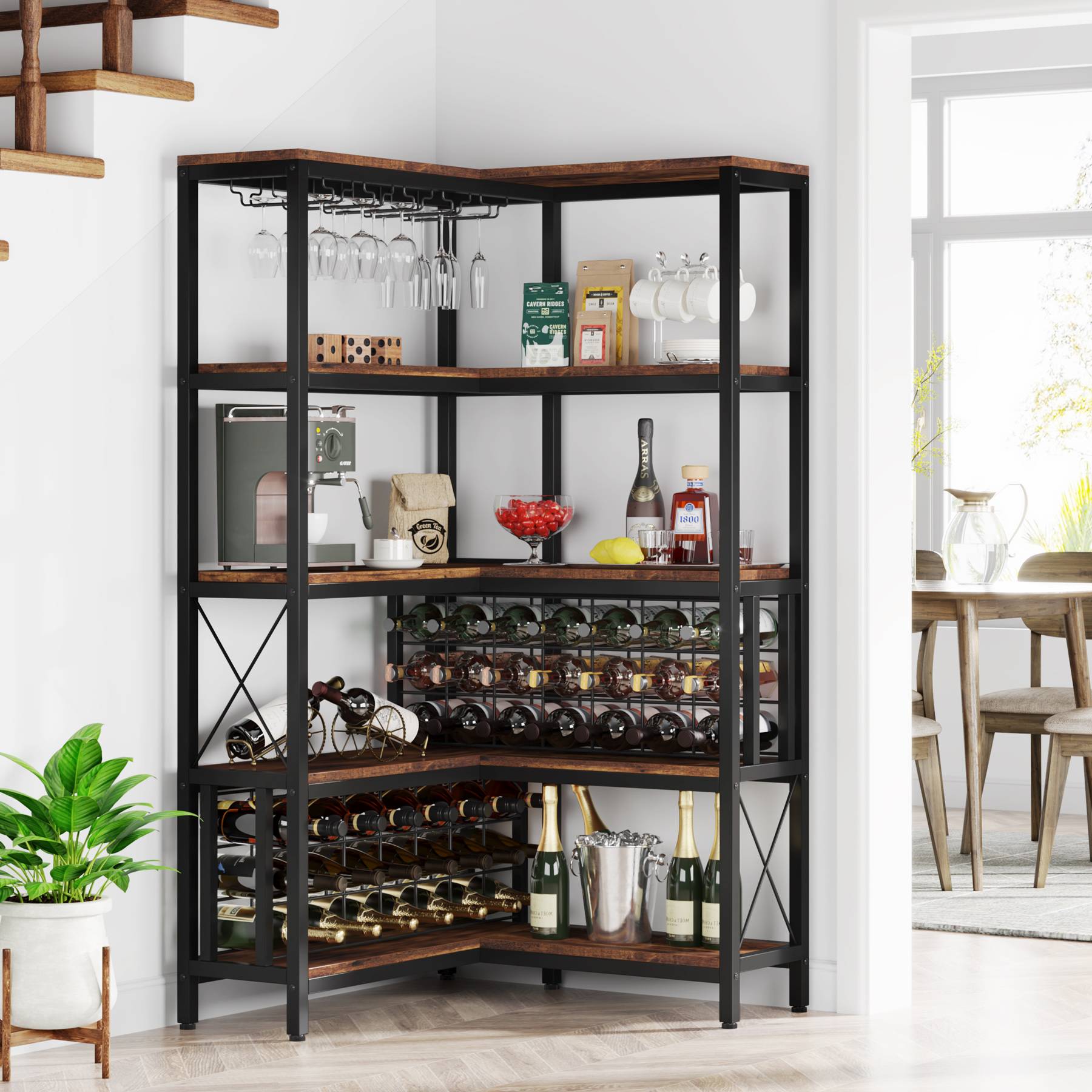 Corner Wine Rack, Freestanding Bar Cabinets for Liquor and Glasses Storage