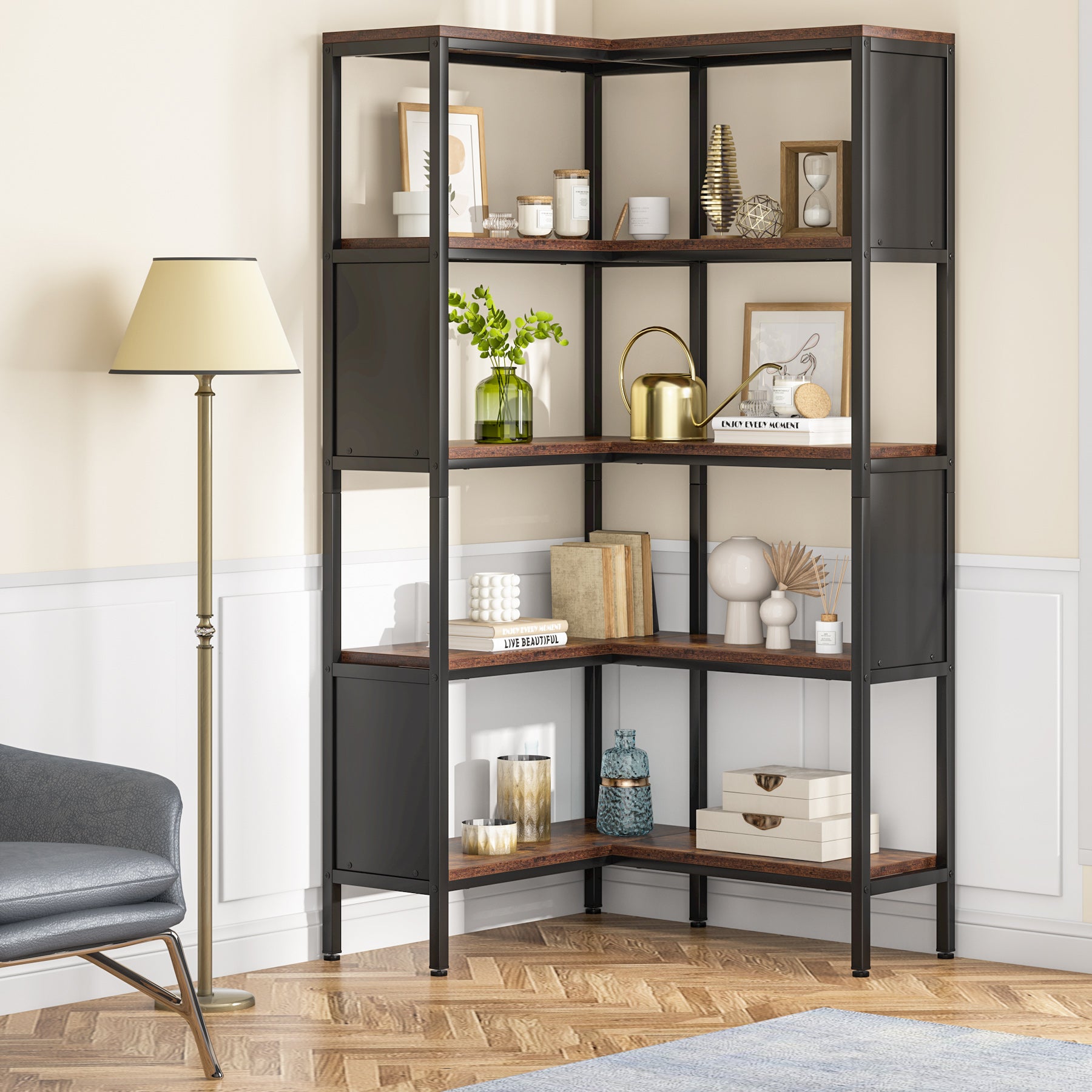 5-Tier Corner Bookshelf, Industrial L-Shaped Bookcase with Safety Baffles