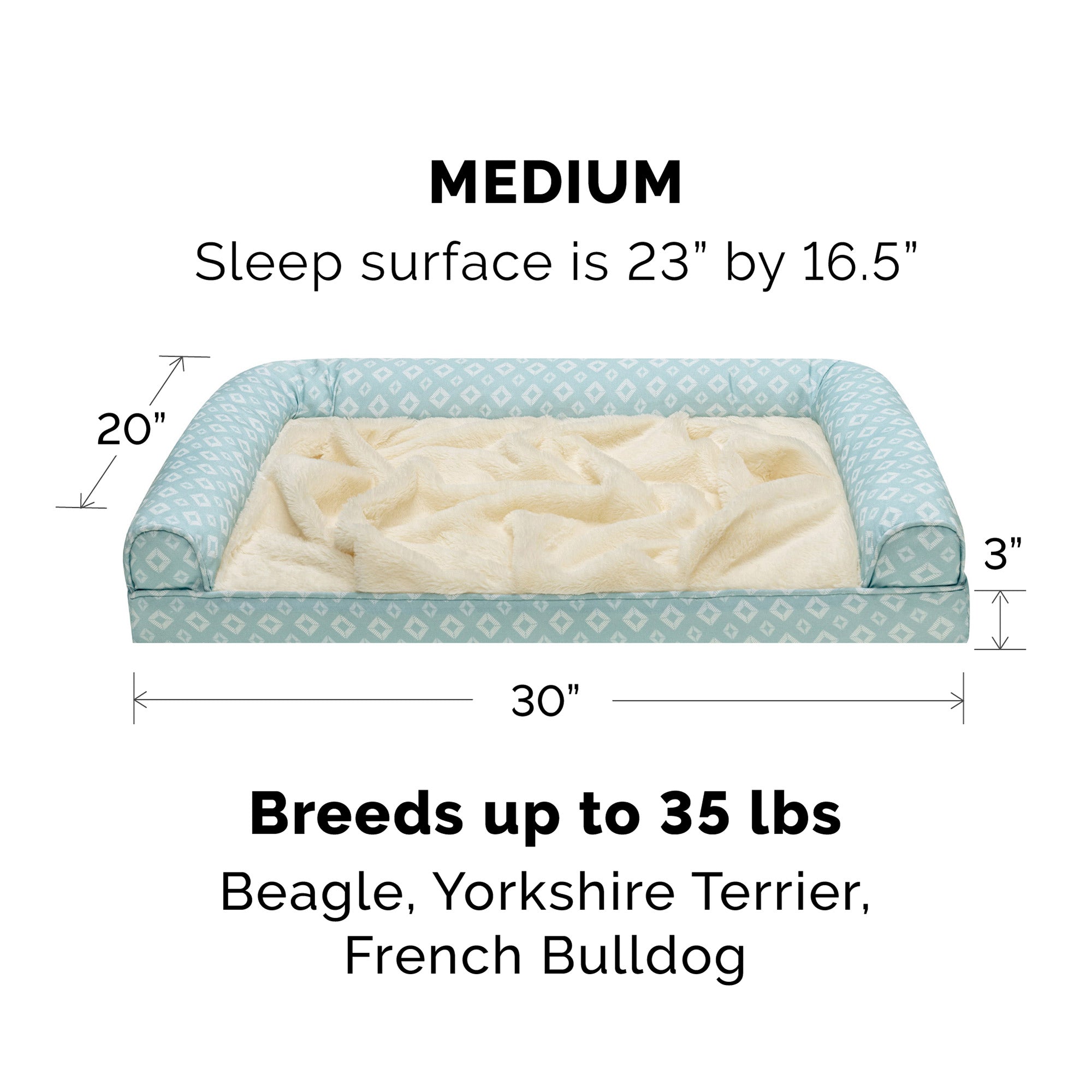 Plush Fur and Diamond Print Nest-Top Full Support Orthopedic Foam Sofa Dog Bed - Aqua， Medium