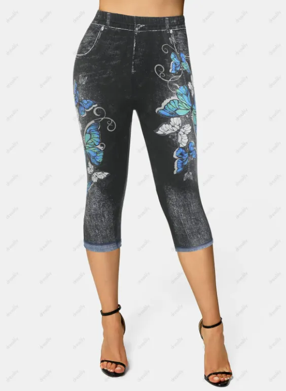 Floral Tie Blouse and Cami Top Set and High Waist 3D Print Capri Skinny Leggings Plus Size Summer Outfit