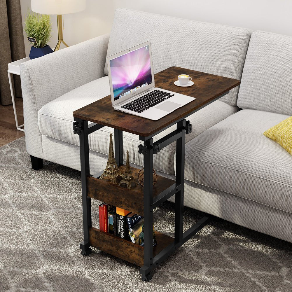 Mobile C Table, Height Adjustable Side Table with Storage Shelves