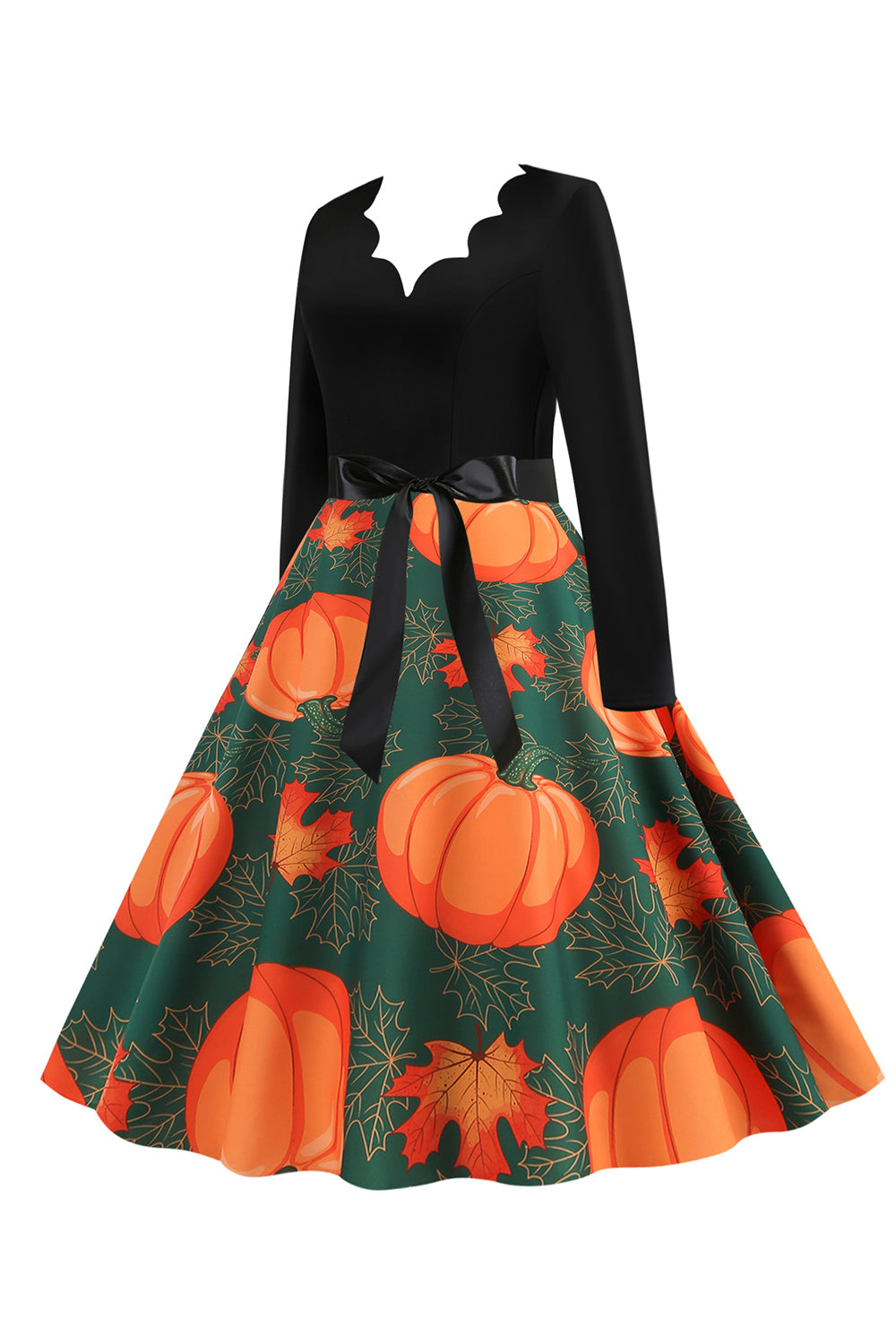 Wavy V-Neck Long Sleeve Print Halloween Retro Dress