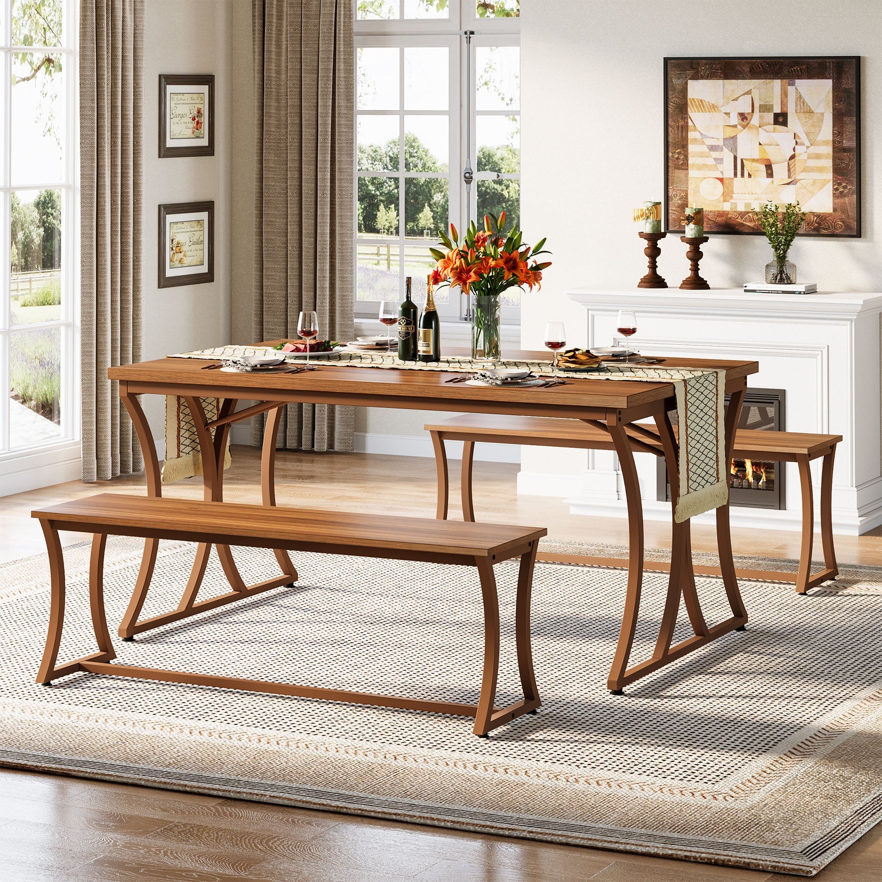 4-Piece 51-Inch Dining Table Set with 2 Benches & Table Runner