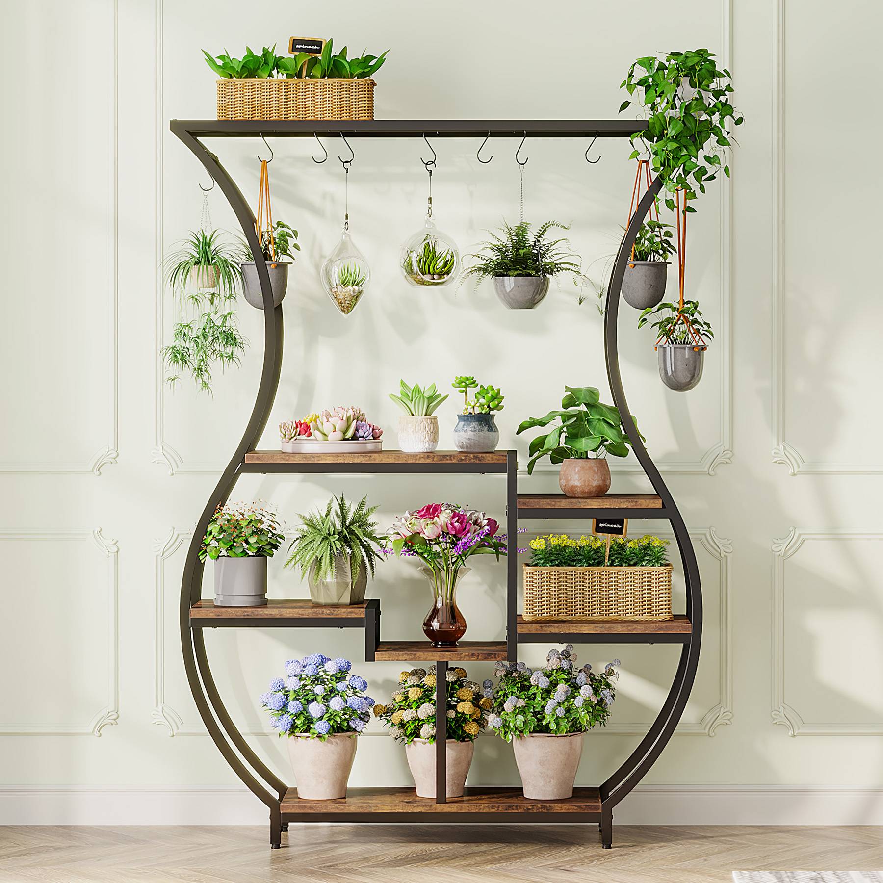 Vase-Shaped Plant Stand, 6-Tier Plant Display Rack with 10 Hanging Hooks