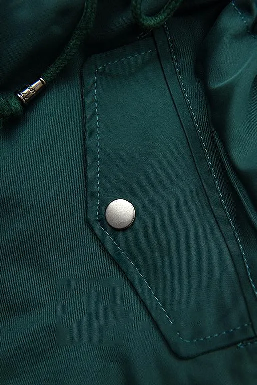 Green parka with fur trim