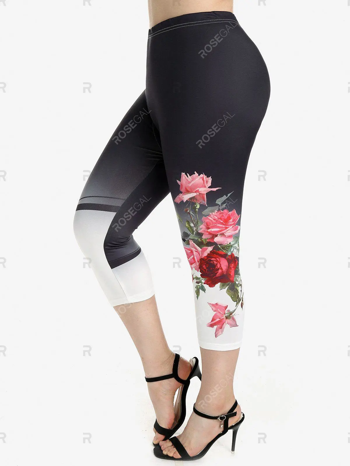 Rose Print Colorblock T-shirt and High Waist Rose Print Colorblock Capri Leggings Plus Size Summer Outfit