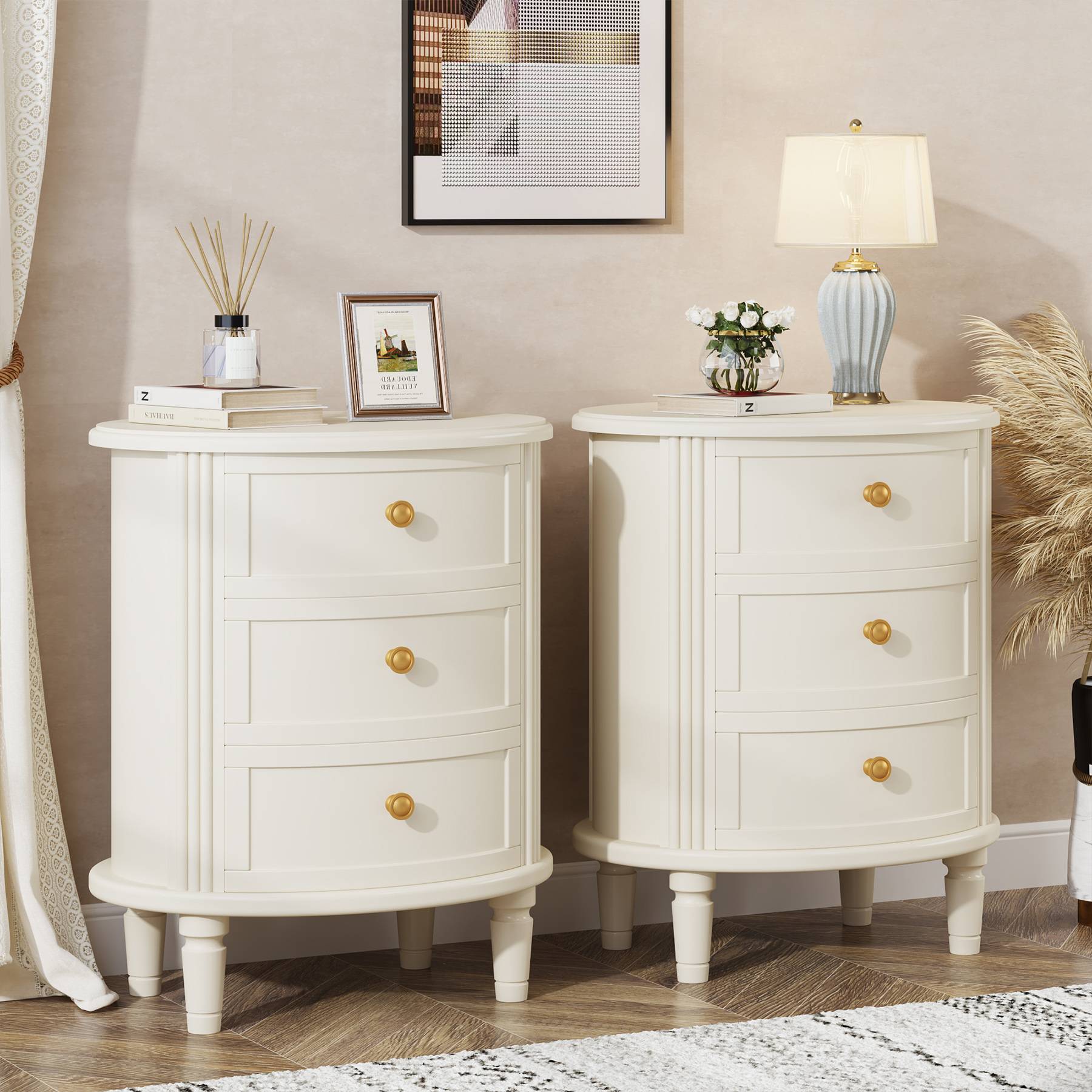 Wood Nightstand Bedside Table with 3 Drawers & Solid Wood Legs