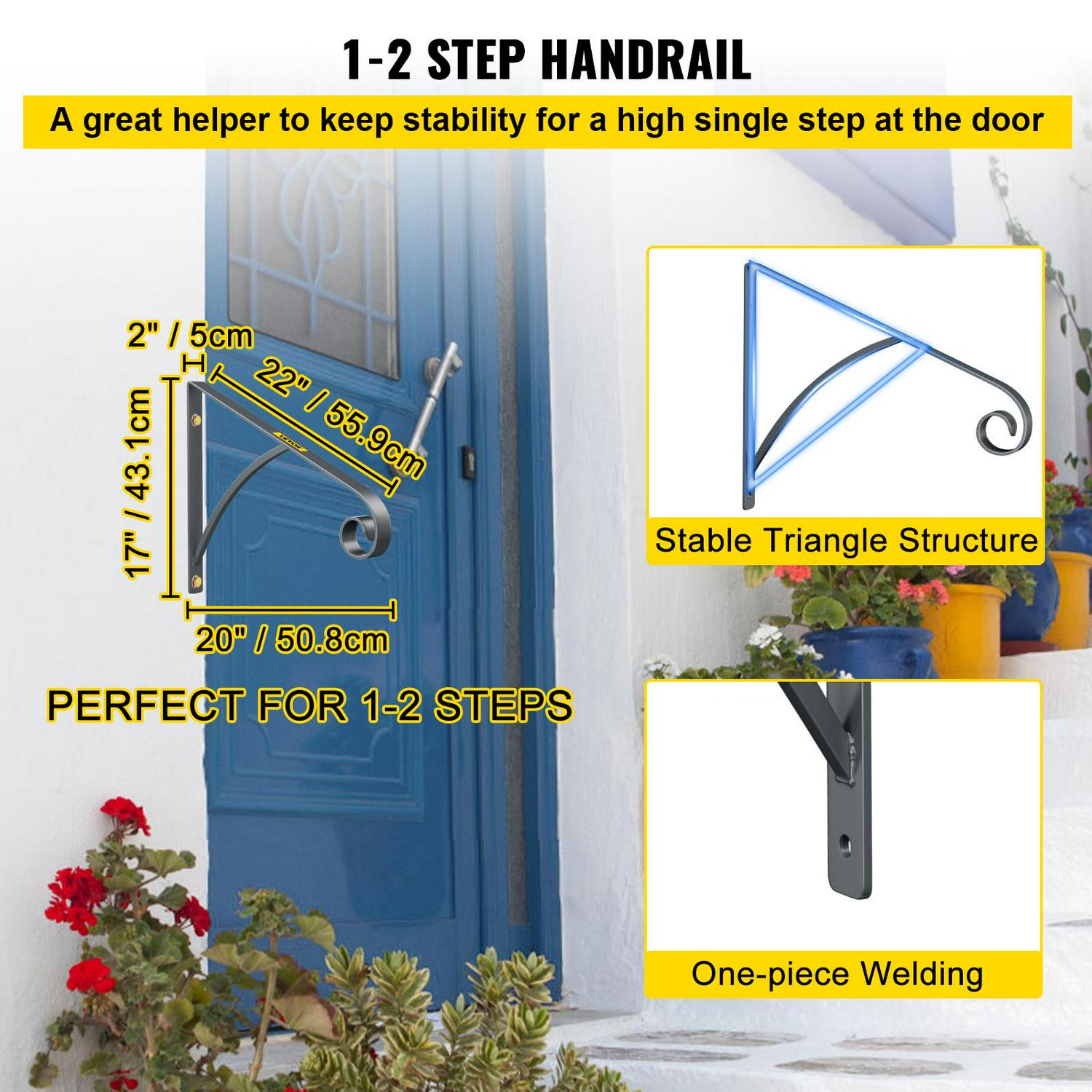 VEVOR 1 to 2 Steps Handrail Railing Wrought Iron Post Mount Step Grab Rail for Wall Mounted Gray Solid Hand Rail Stair