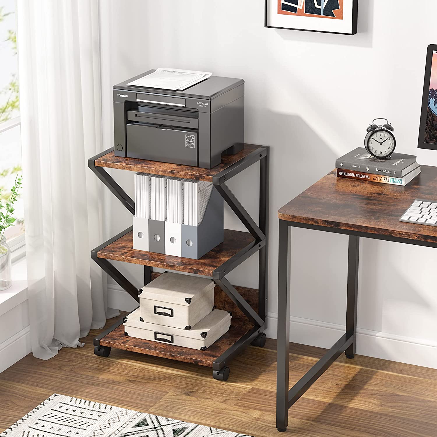 3-Tier Printer Stand, Rolling Printer Cart Under Desk Storage Shelf