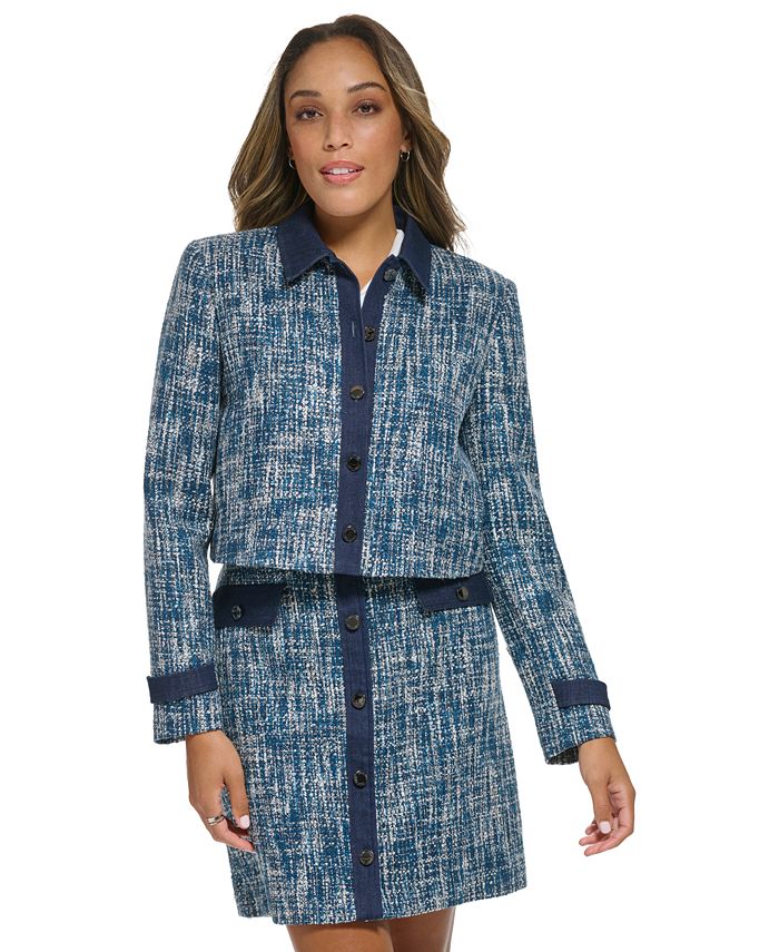 Women's Denim Trim Cropped Tweed Jacket