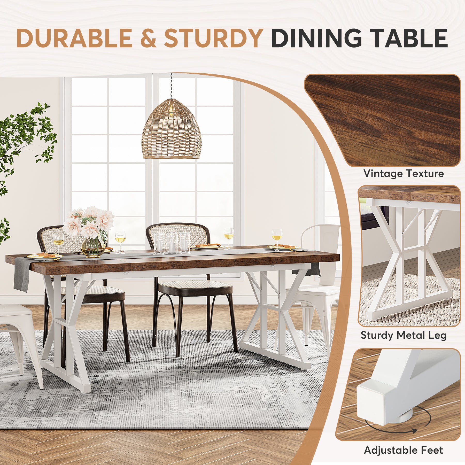 Wood Dining Table, Farmhouse 70.8