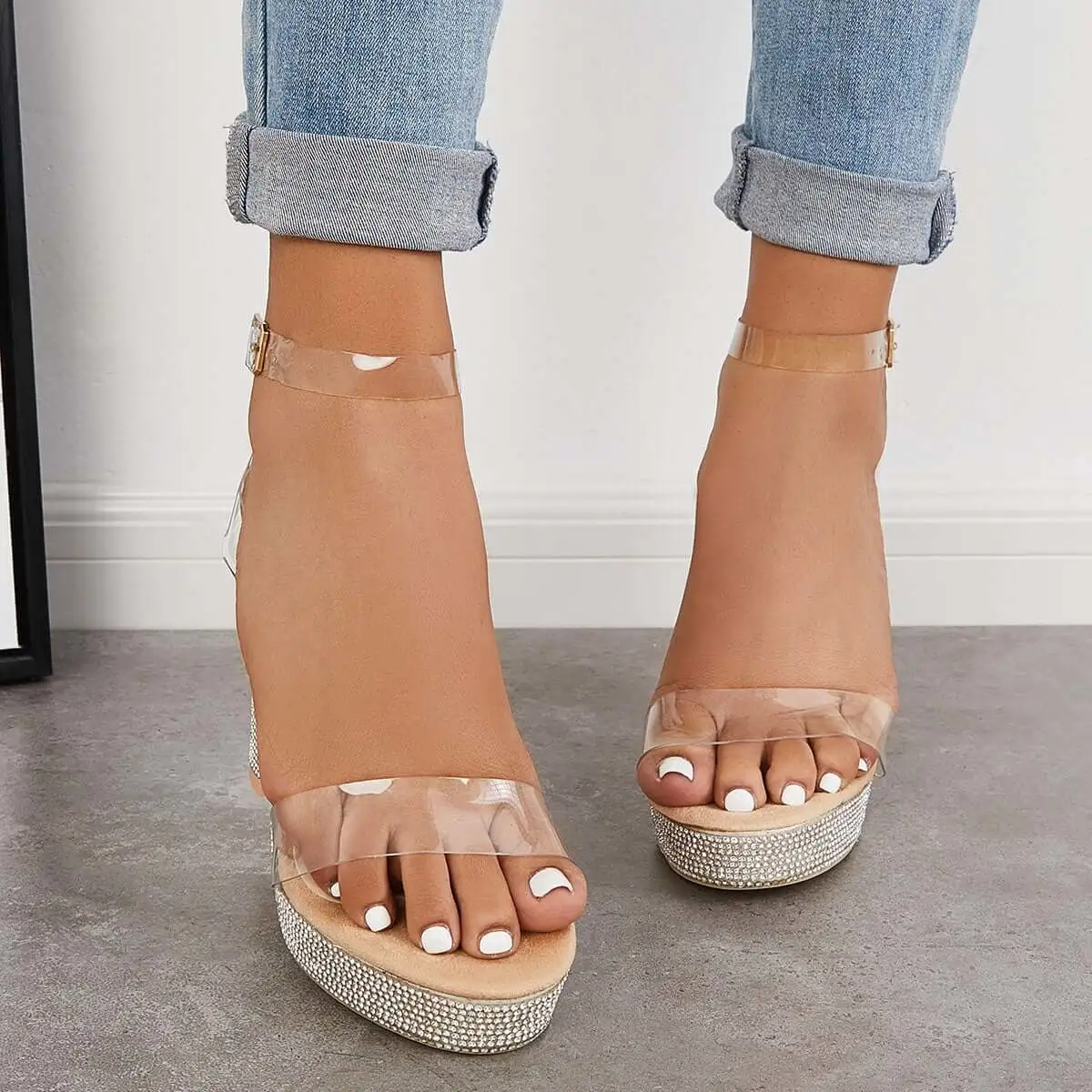 Rhinestone Chunky Block High Heels Ankle Strap Sandals