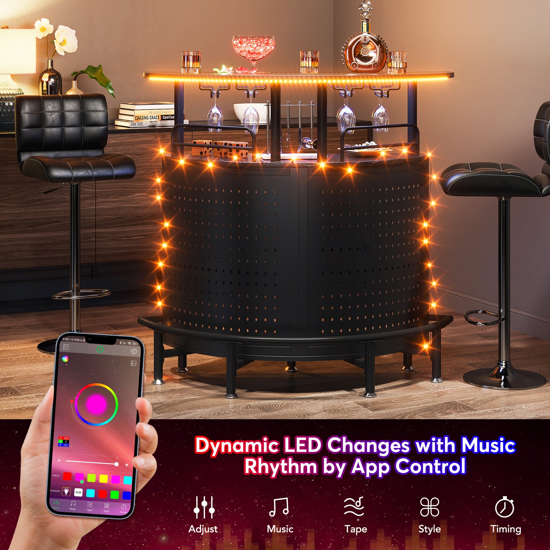 Smart Bar Unit with Led Lights, 3-Tier Liquor Bar Table