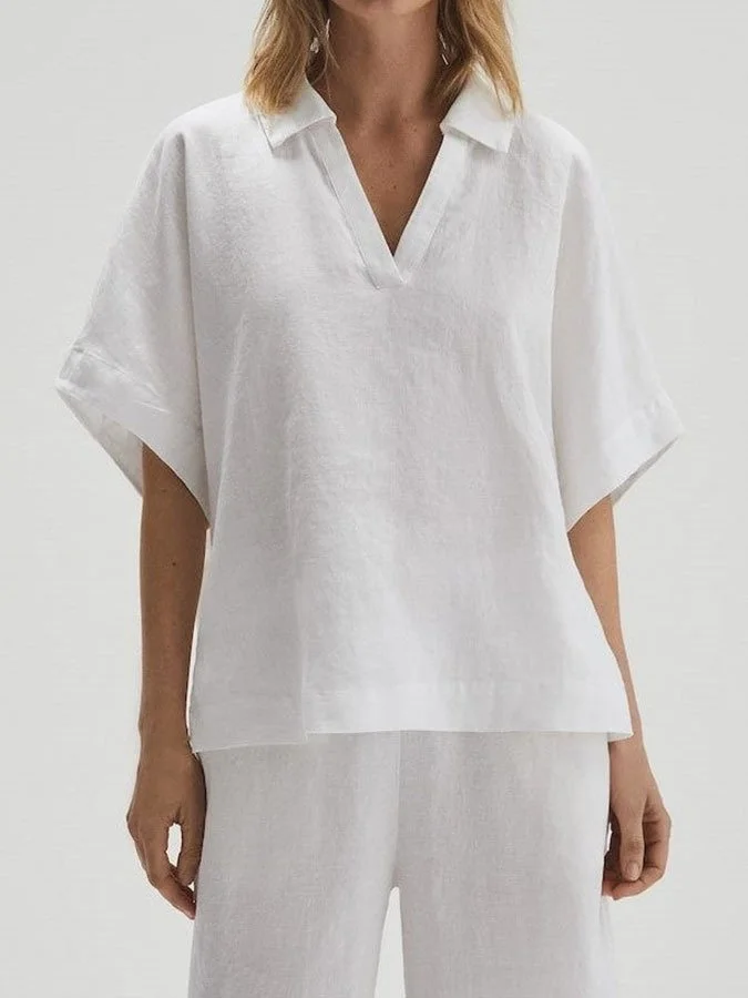 Women's Cotton Linen V-Neck Loose Casual Shirt
