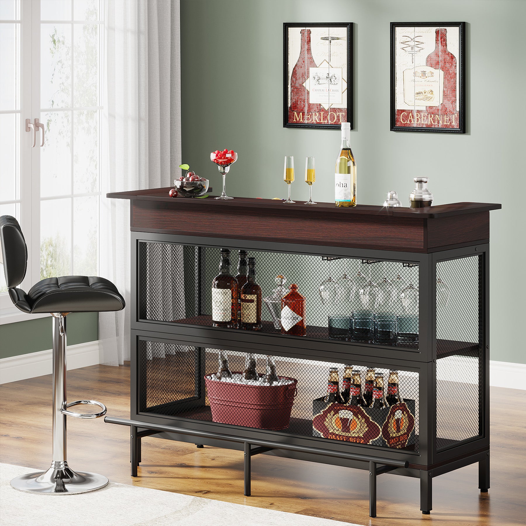 Home Bar Unit, Industrial 3 Tier Liquor Bar Table with Stemware Rack