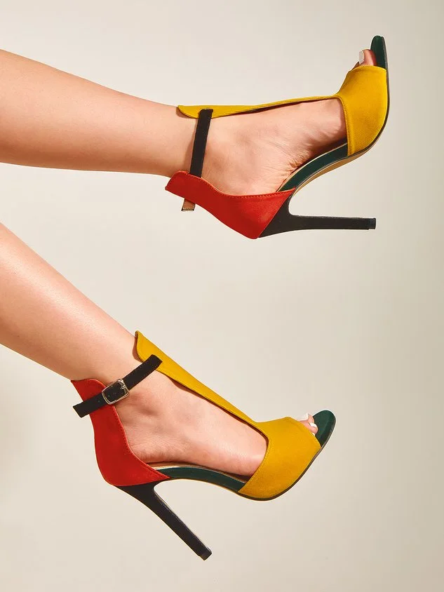 Yellow Red Contrast Stiletto Heel Sandals