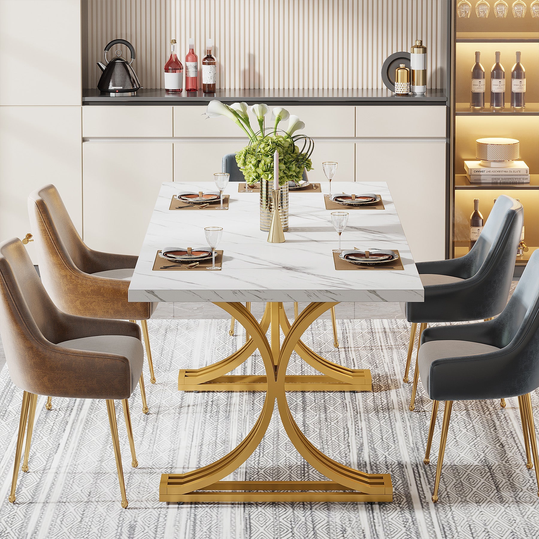 63'' Modern Dining Table with Faux Marble Tabletop & Metal Legs