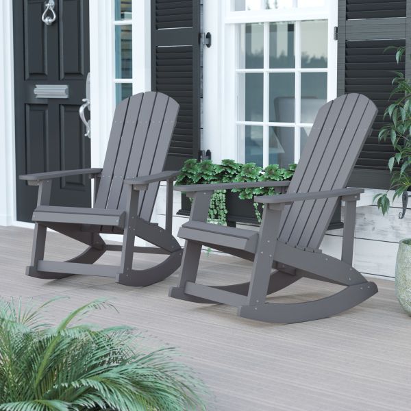Savannah Commercial Grade All-Weather Poly Resin Wood Adirondack Rocking Chair with Rust Resistant Stainless Steel Hardware in Gray - Set of 2