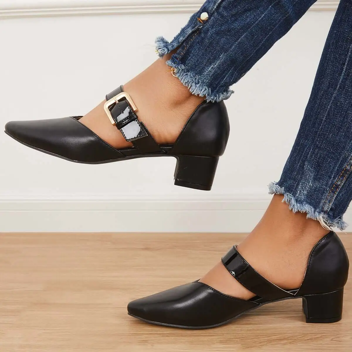 Block Low Heel Mary Jane Pumps Pointed Toe Buckle Dress Shoes