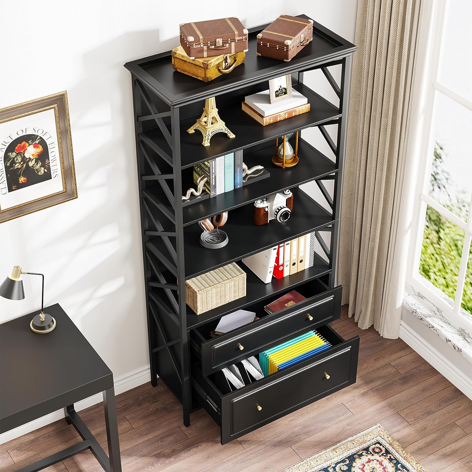 5-Tier Bookshelf, Industrial Bookcase Display Shelf with 2 Drawers