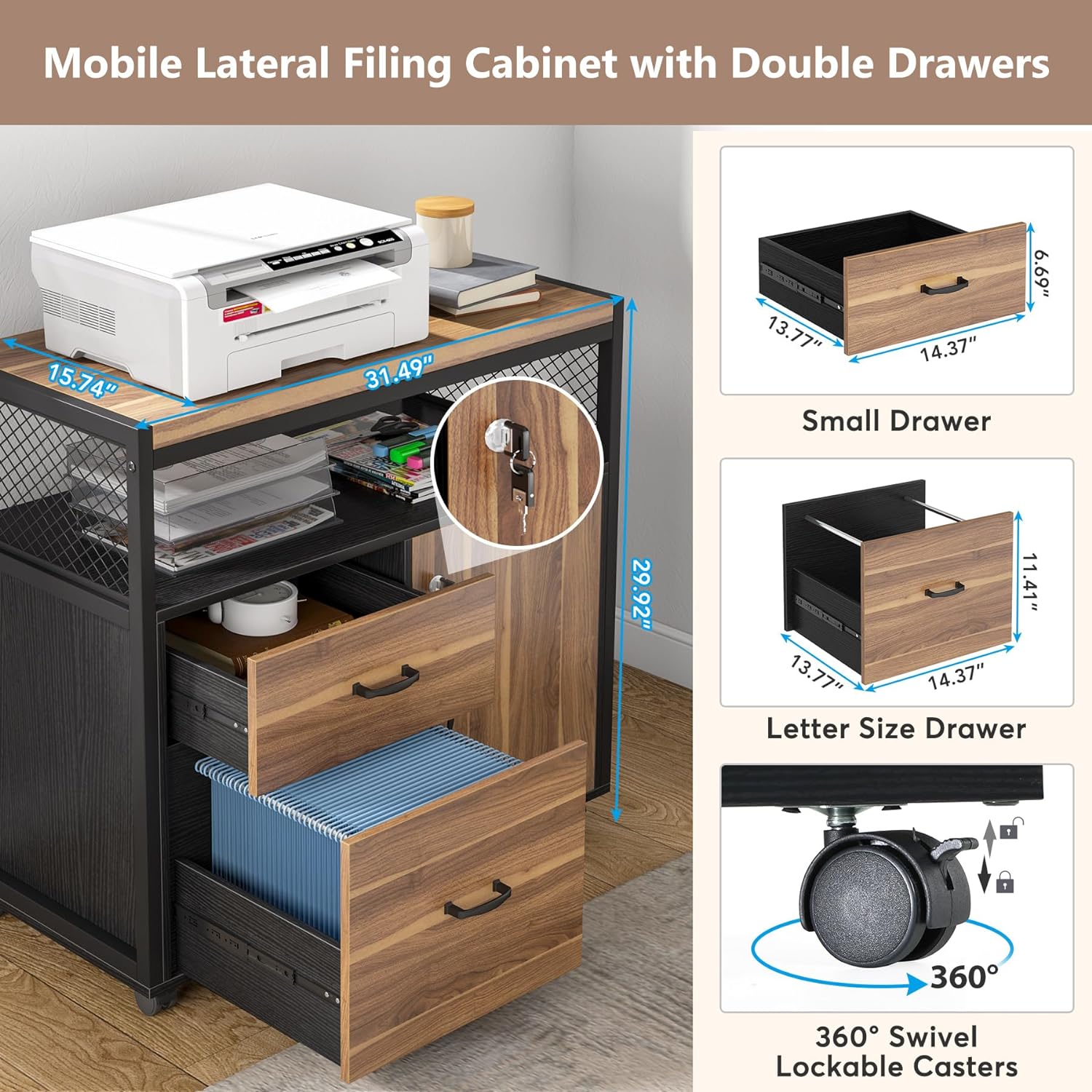 Lockable File Cabinet Printer Stand with Drawers & Caster