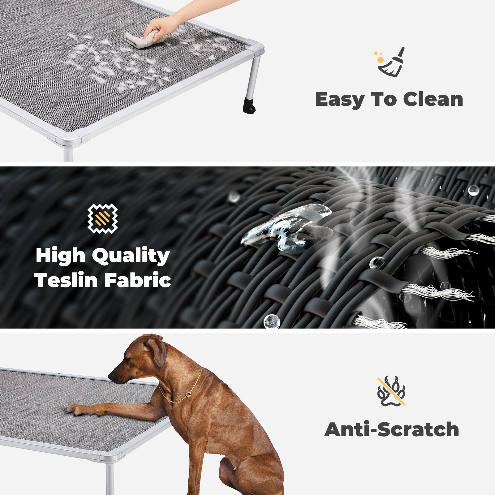 Veehoo Chewproof Dog Bed， Cooling Raised Dog Cots with Silver Metal Frame， Large， Black Silver