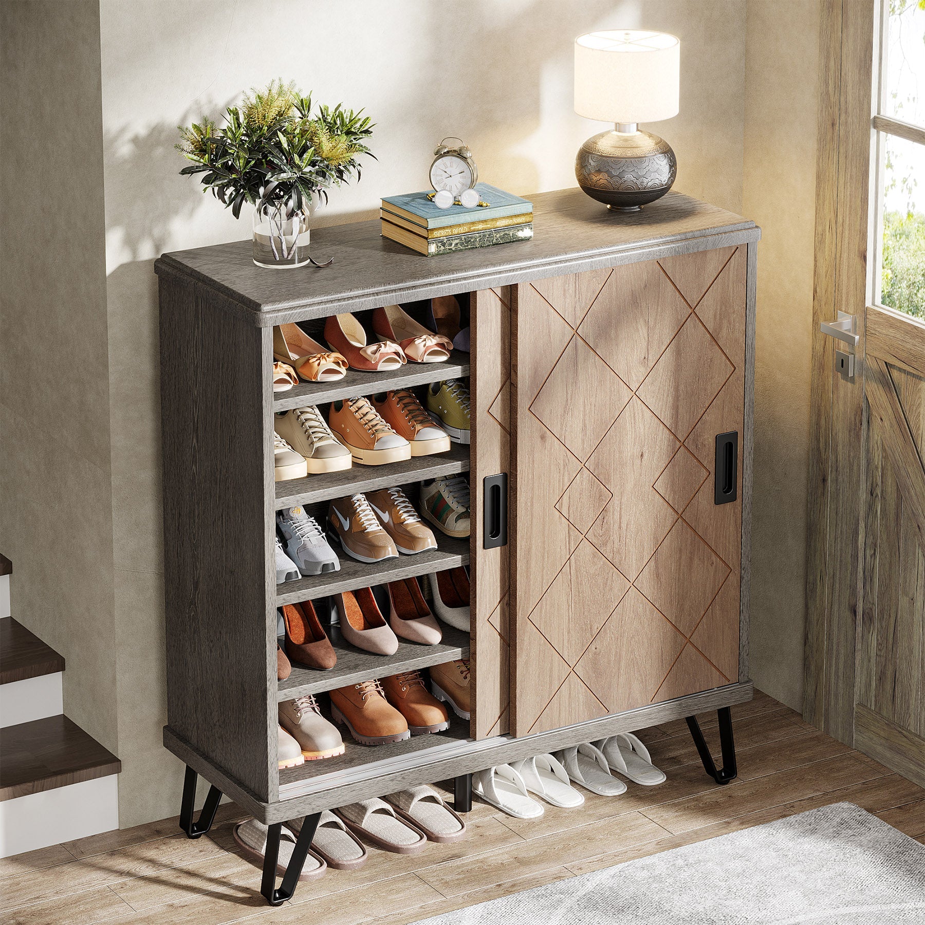 5-Tier Shoe Cabinet with Sliding Doors, Wood Shoe Organizer with Metal Legs