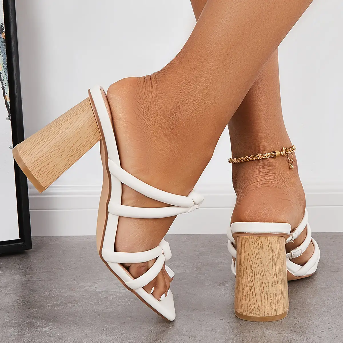 Square Toe Chunky High Heeled Mules Slip on Backless Sandals