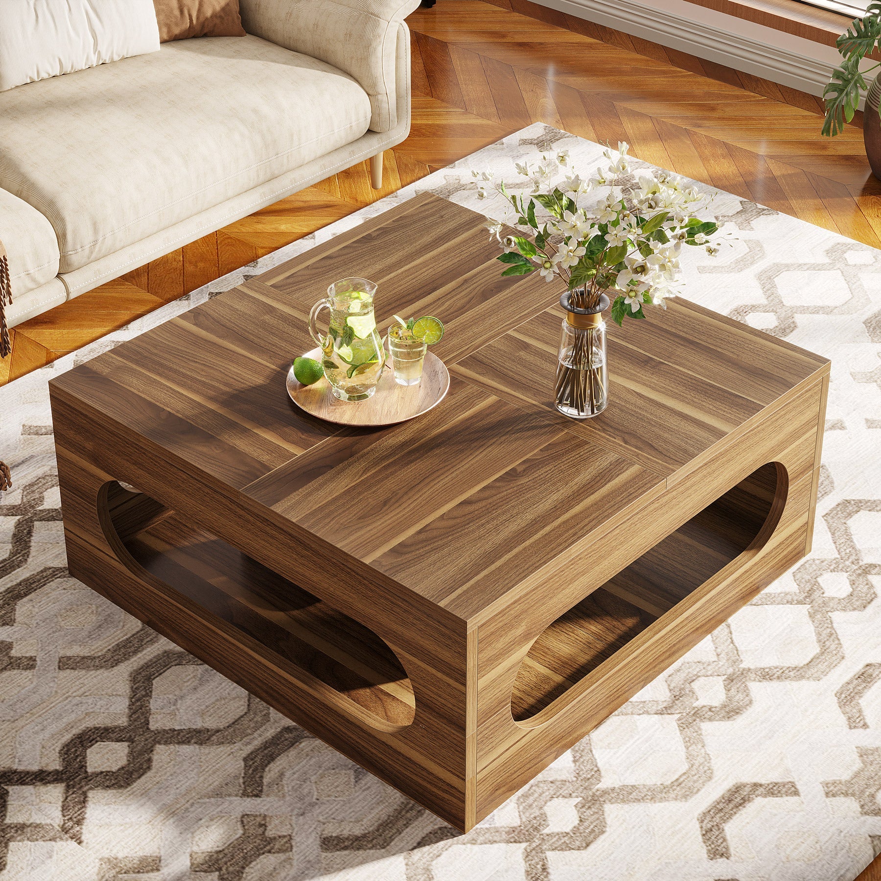 2-Tier Coffee Table, Wood Square Center Tea Table with LED Strip Light