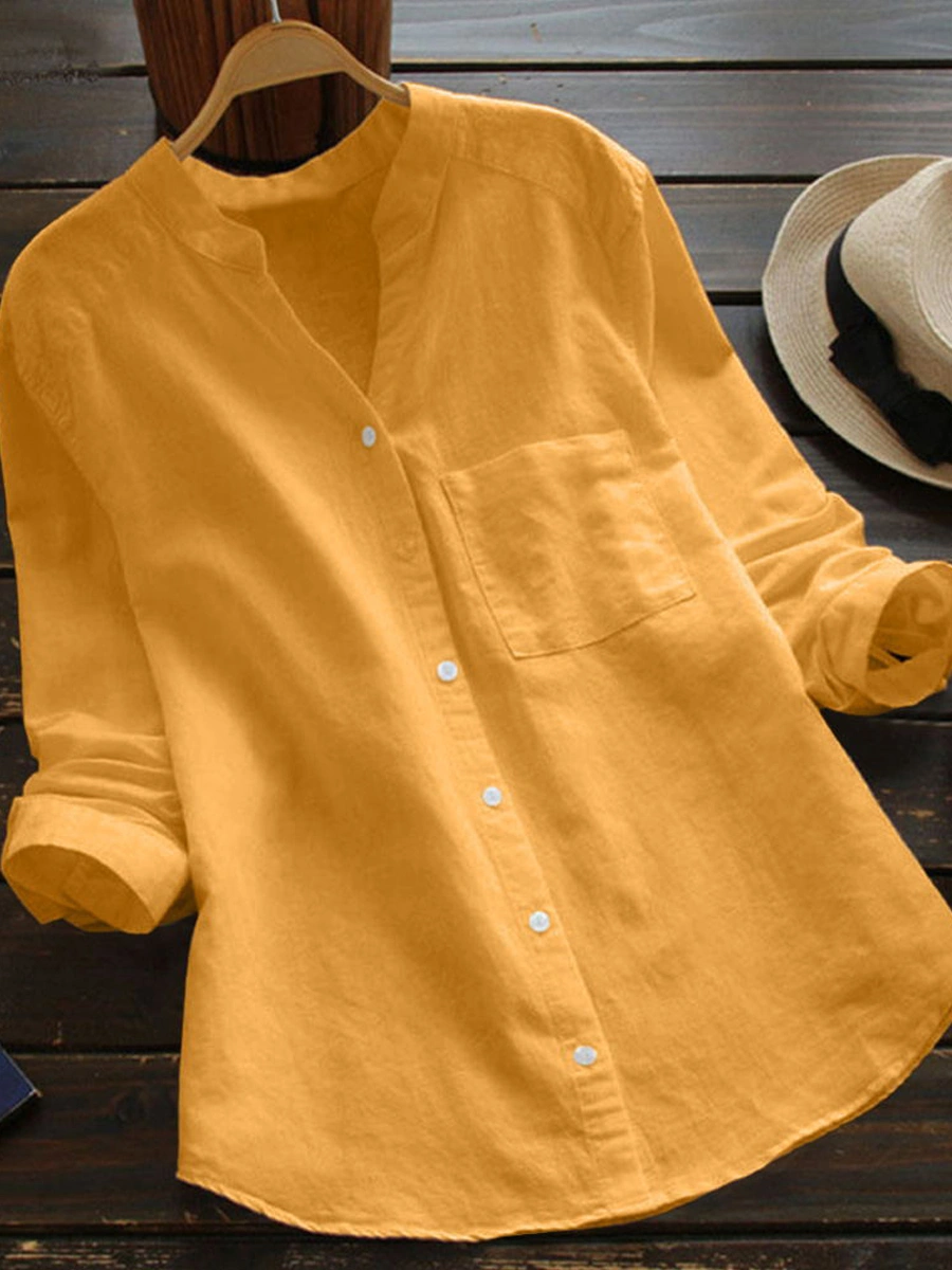 65% Off Autumn Spring V-Neck Linen Plain Shirts & Blouses