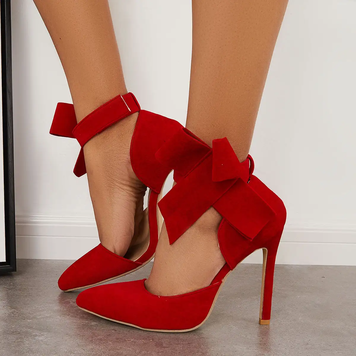 Bowknot Pointed Toe Velcro Strap Stilettos High Heel Pumps