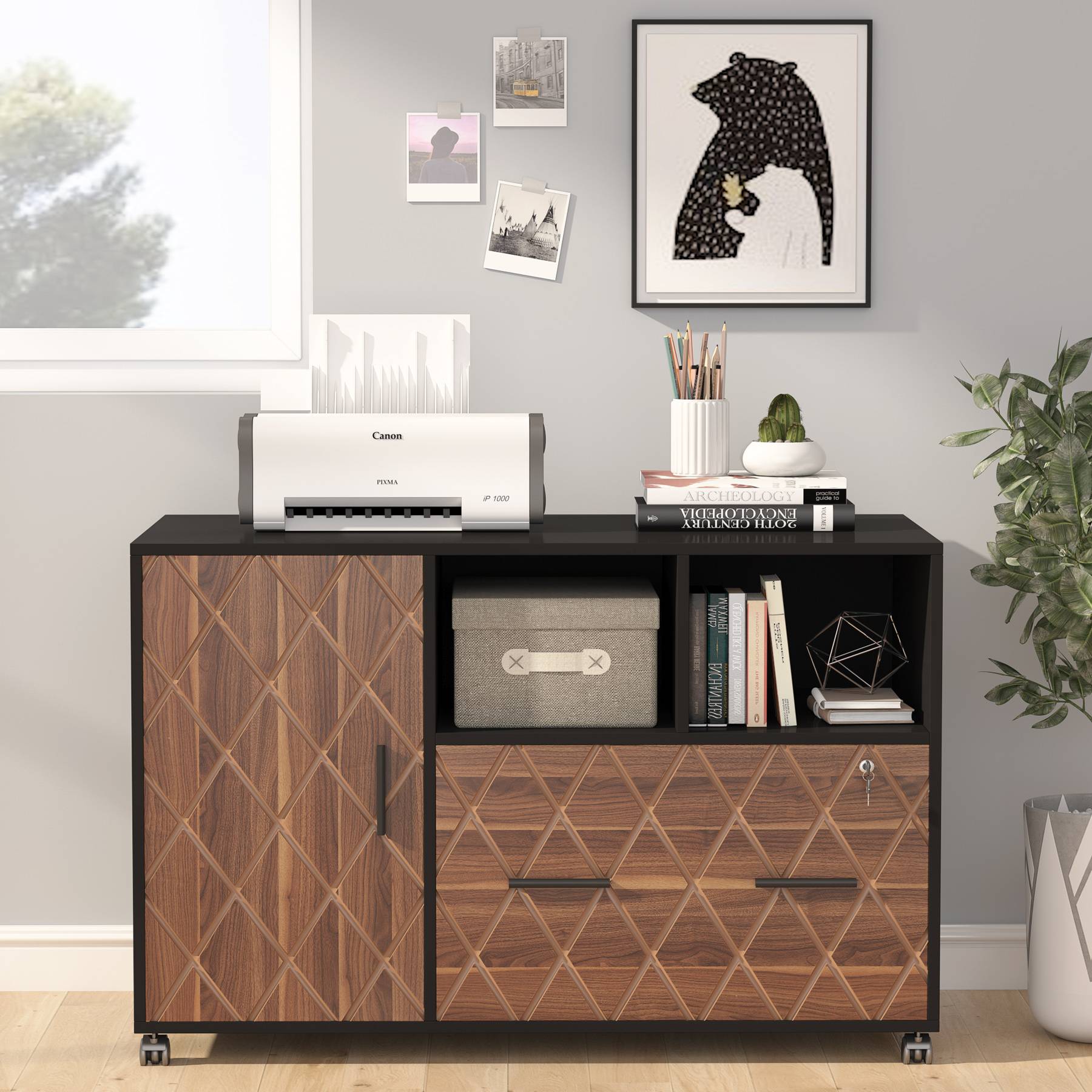 Lateral File Cabinet Printer Stand with Wheels and Shelves