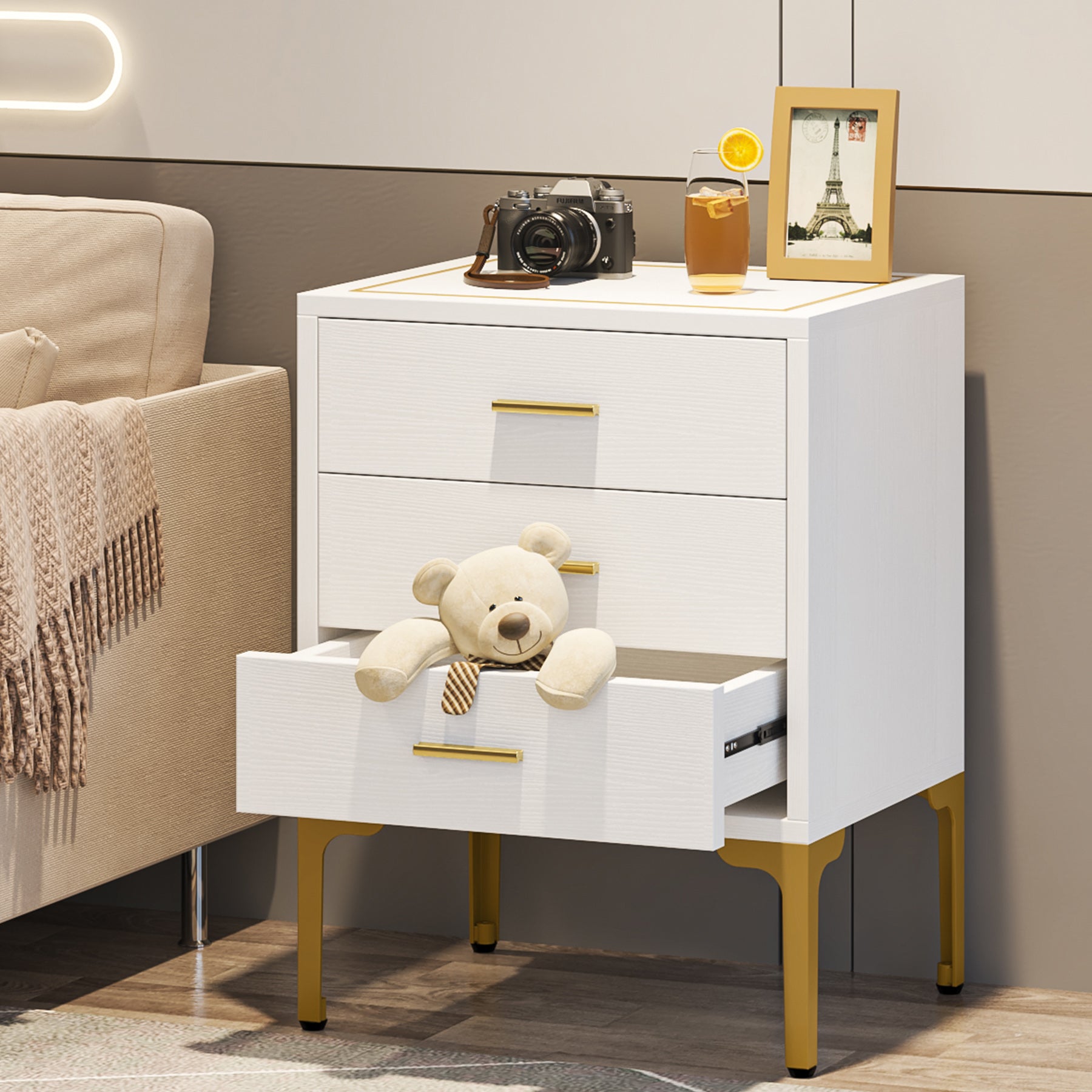 3-Drawer Nightstand, Modern Bedside Table with Square Side Top